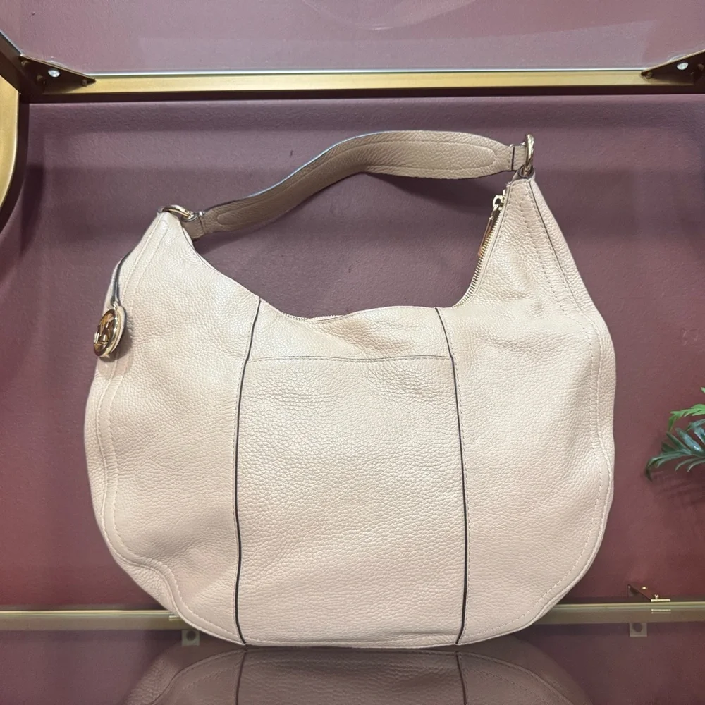 Michael Kors Lydia Pebbled Leather Chain Shoulder Hobo Bag Blush Beige